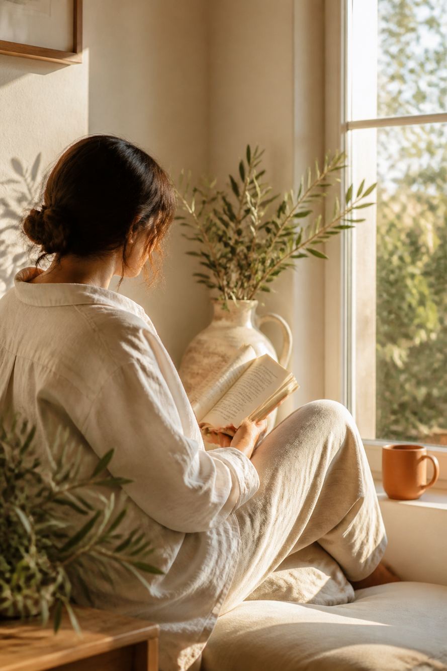 Morning light, a book, and a still wellness ritual